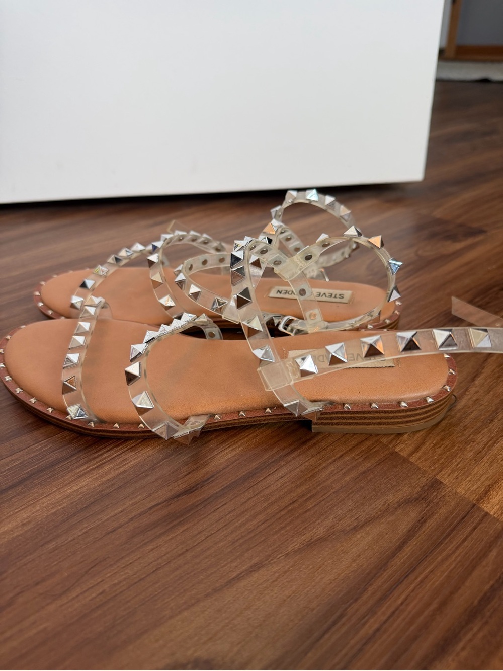 Steve Madden Clear Studded Strappy Sandal with Brown Sole - Picture 4 of 5